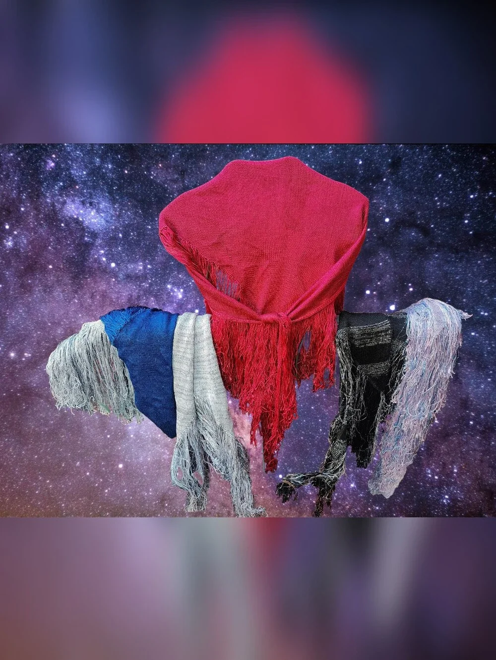 Lot of 5 Sheer Shimmer Triangle Fringe Shawls Boho Costume + Closet Storage Bag